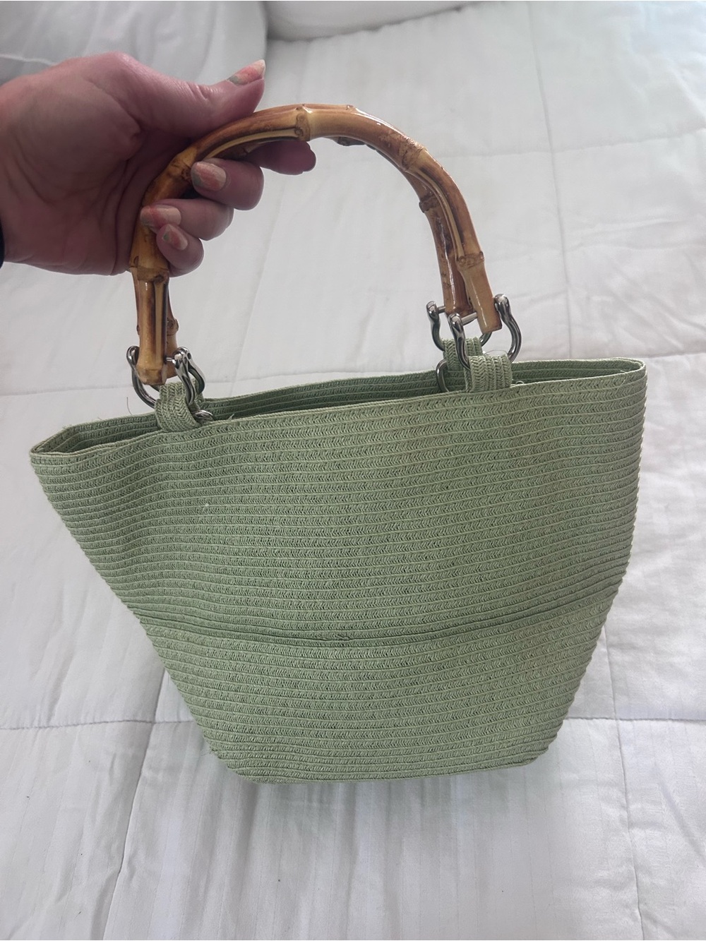 Perfect condition Green Straw Bamboo handle purse